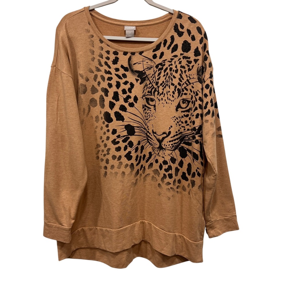 Chico's Zenergy Tan Leopard Graphic Sweatshirt Size 3 XL Animal Print